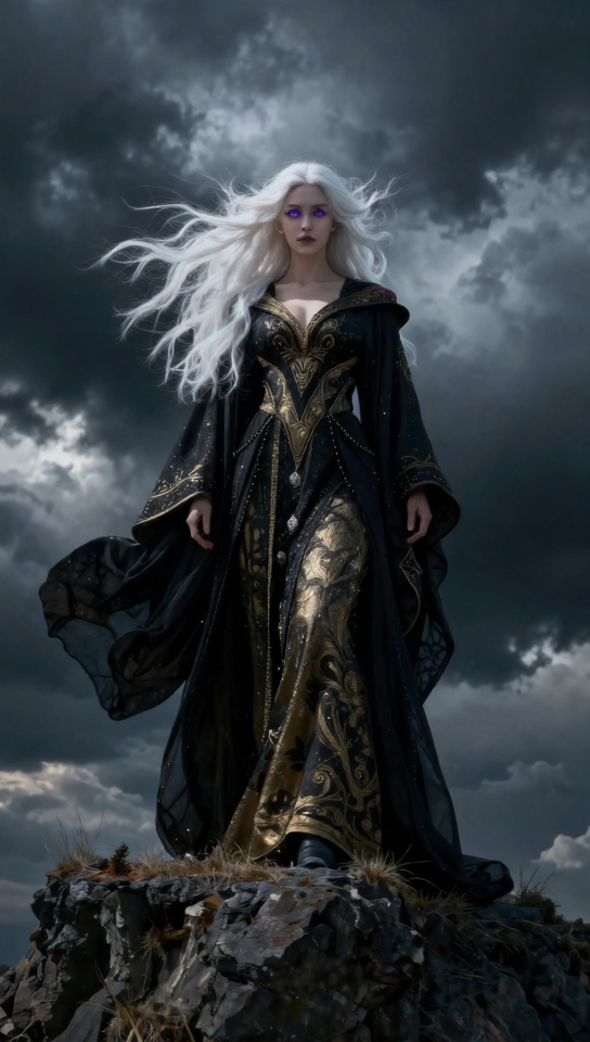 Sorceress with glowing eyes on cliff