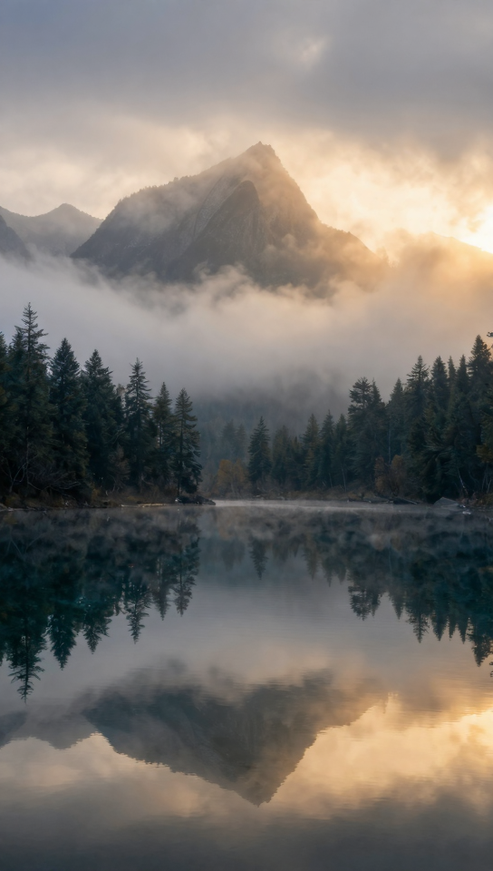 Misty mountains with lake at sunrise