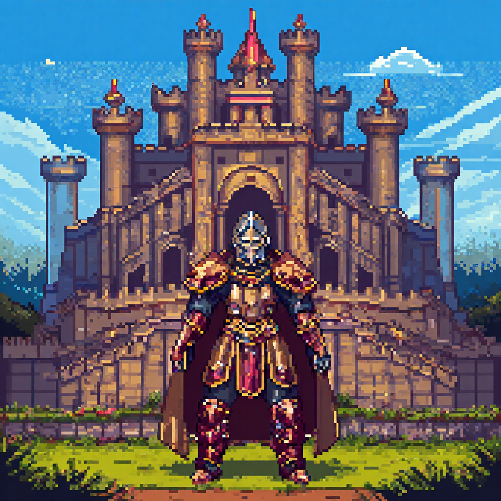 Knight in front of castle in pixel art style