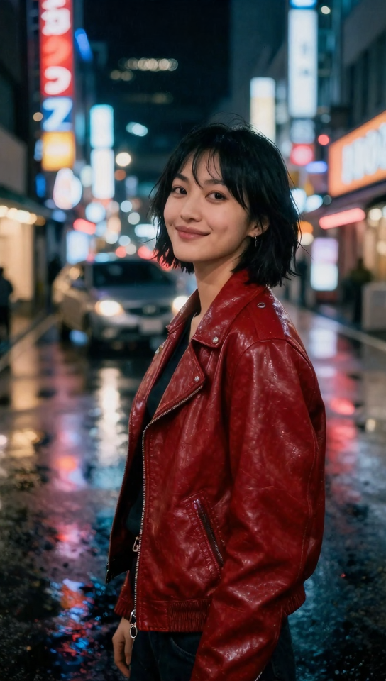 Young woman on Tokyo street at night with neon lighting
