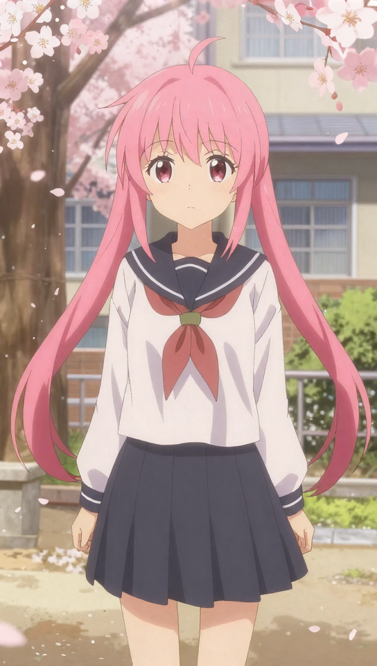 Anime girl with pink twin tails in cherry blossoms