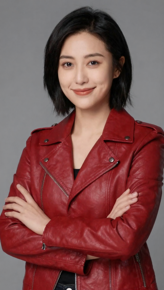 Young woman with short black hair and red leather jacket