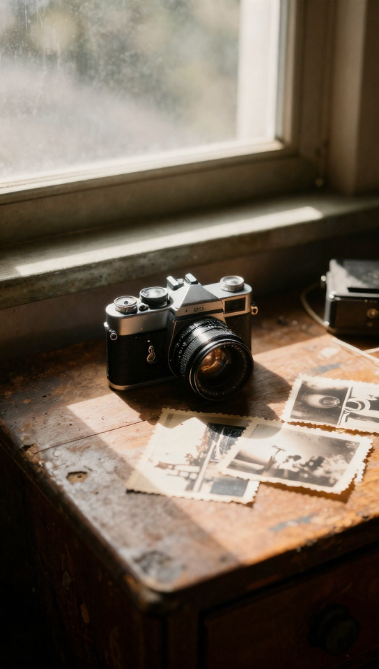 Vintage camera on wooden desk with photographs