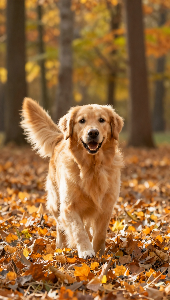 Golden retriever playing in autumn leaves